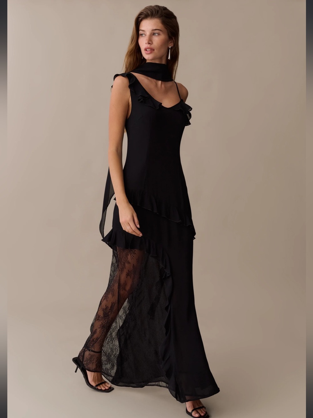 NWT O.P.T Carmen Black Asymmetrical Chiffon Lace and Ruffle Dress Size 12